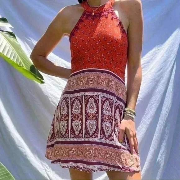 Alya Francesca's orange print Dresses Y2K Boho Ryan Embroderied Lotus Halter M - Picture 1 of 5